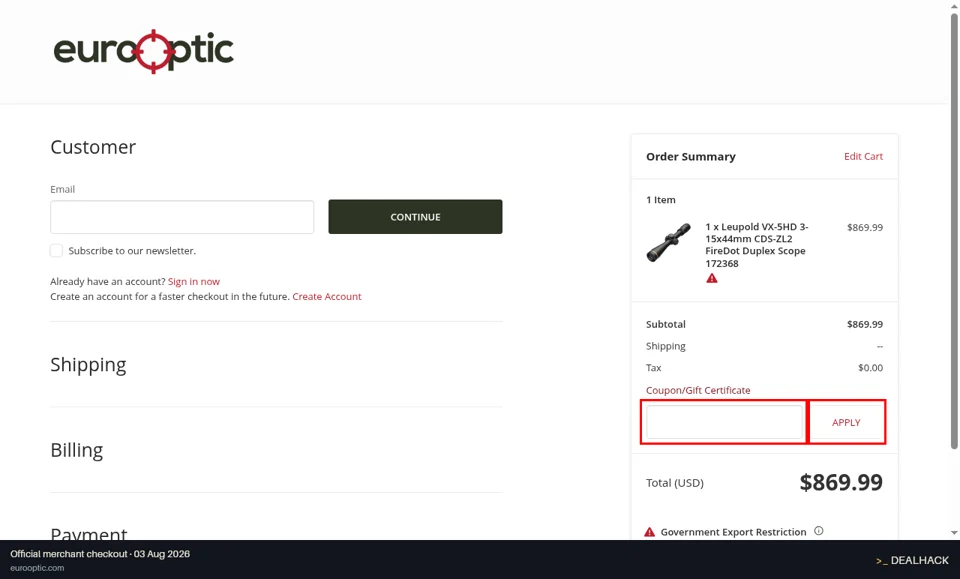 EuroOptic checkout page showing the Gift Certificate or Coupon Code field and Apply button