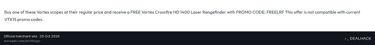 Screenshot of EuroOptic's website on Oct 20, 2026 showing the "Get a Free Rangefinder With a Vortex Scope" offer