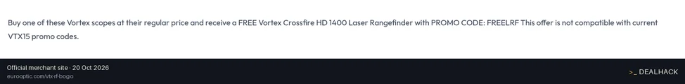 Screenshot of EuroOptic's website on Oct 20, 2026 showing the "Get a Free Rangefinder With a Vortex Scope" offer