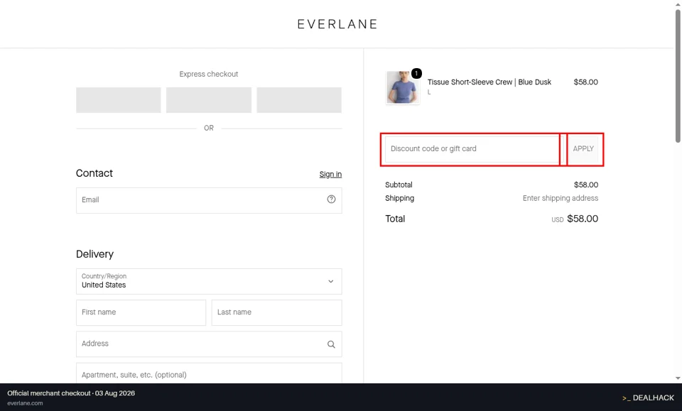 Everlane checkout page showing the Discount code or gift card field and APPLY button