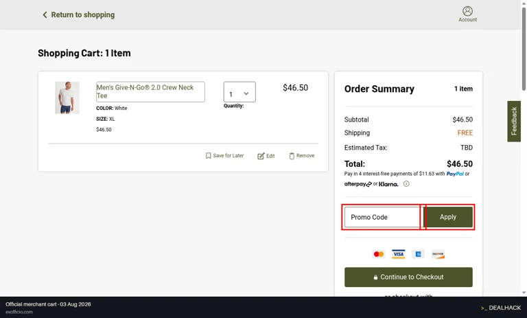 ExOfficio checkout page showing the Promo Code field and Apply button