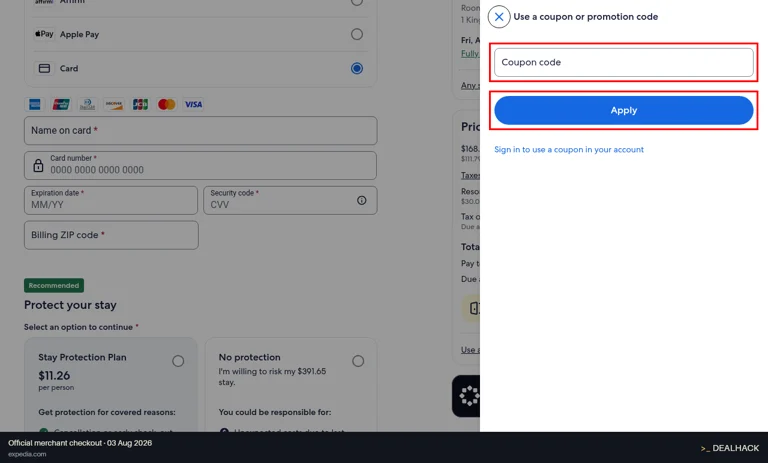 Expedia checkout page showing the Coupon code field and Apply button