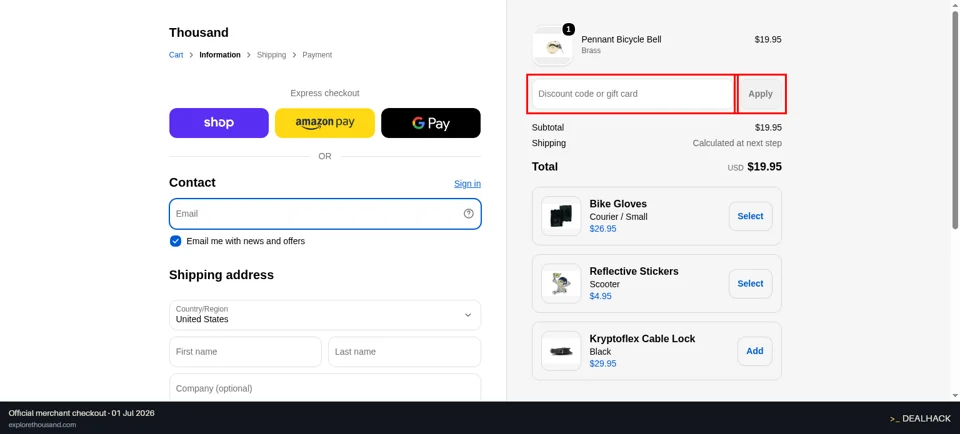 Thousand Helmets checkout page showing the Discount code or gift card field and Apply button