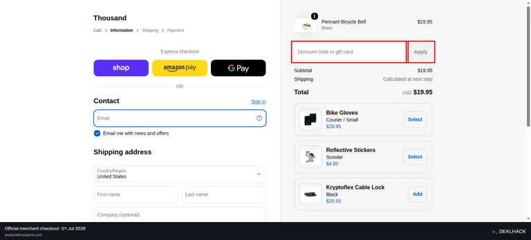 Thousand Helmets checkout page showing the Discount code or gift card field and Apply button