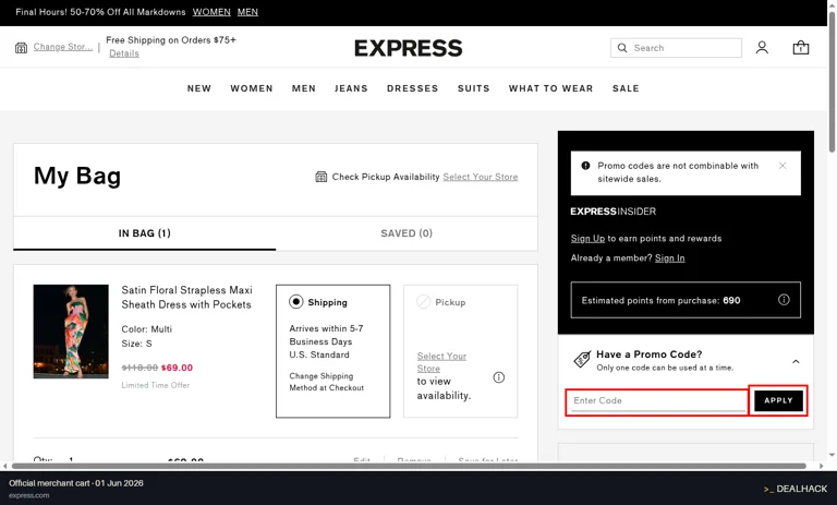 Express checkout page showing the Enter Code field and APPLY button