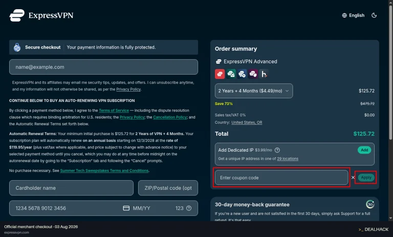 ExpressVPN checkout page showing the Enter coupon code field and Apply button