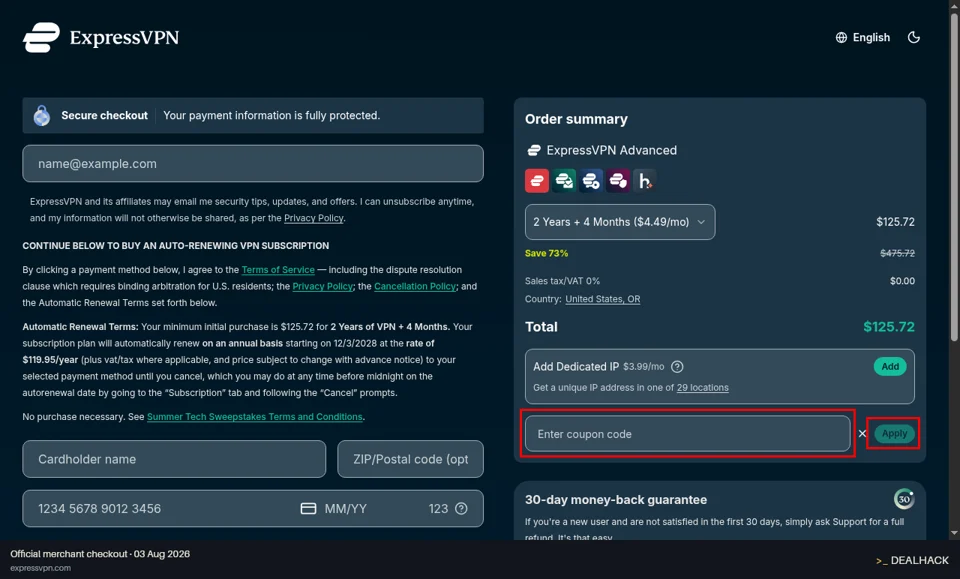 ExpressVPN checkout page showing the Enter coupon code field and Apply button