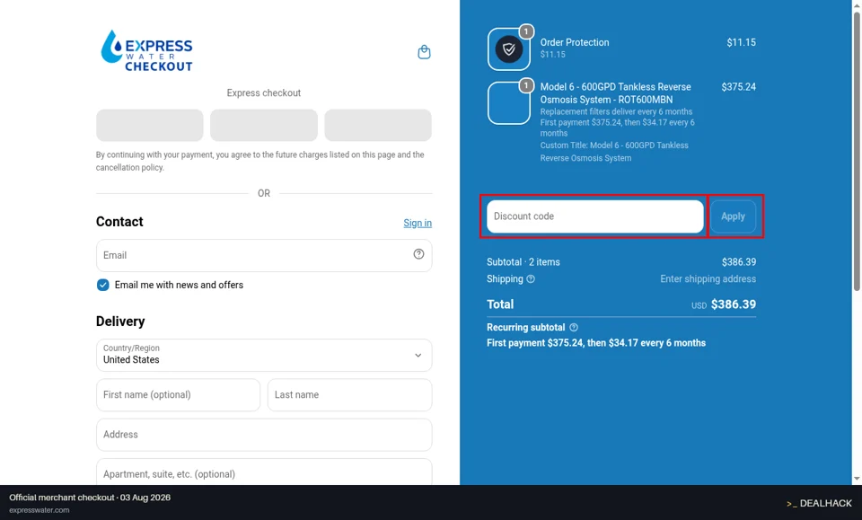 Express Water checkout page showing the Discount code field and Apply button