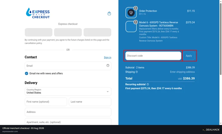 Express Water checkout page showing the Discount code field and Apply button