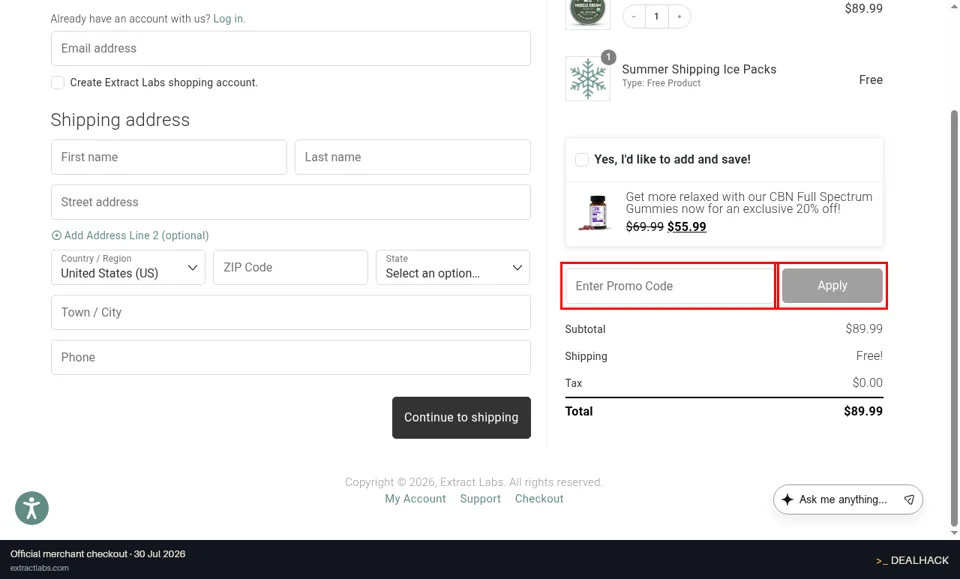 Extract Labs checkout page showing the Enter Promo Code field and Apply button