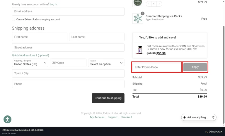 Extract Labs checkout page showing the Enter Promo Code field and Apply button