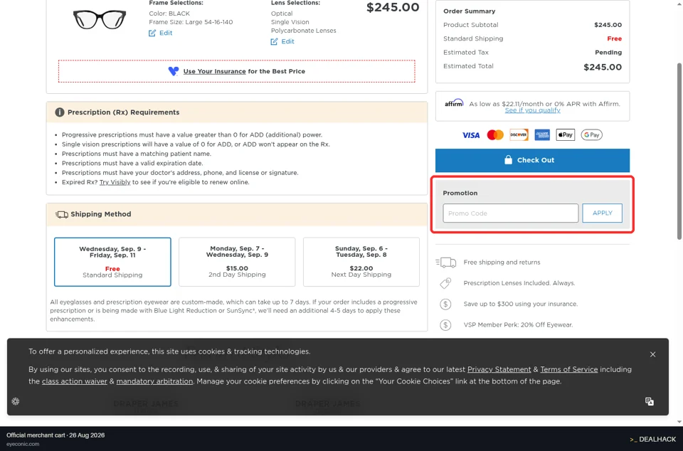 Eyeconic checkout page showing the Enter promo code field and Apply button