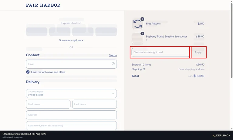 Fair Harbor checkout page showing the Discount code or gift card field and Apply button