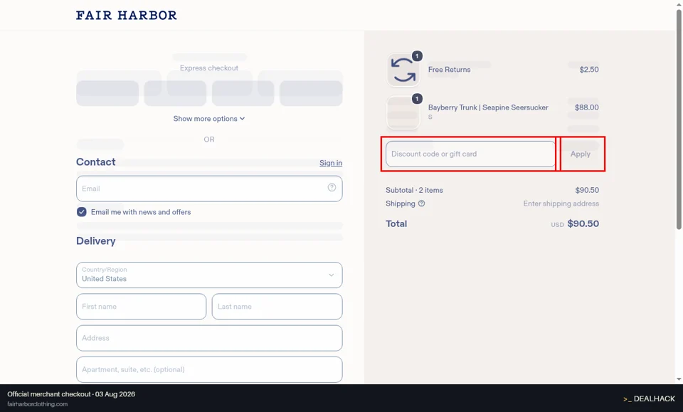 Fair Harbor checkout page showing the Discount code or gift card field and Apply button
