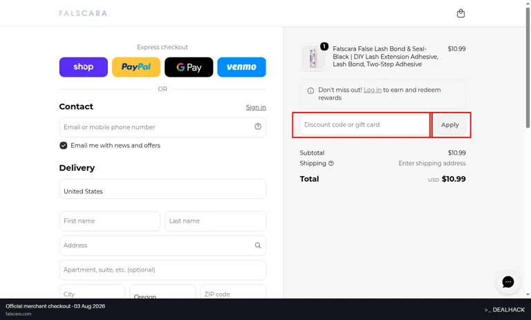 Falscara checkout page showing the Discount code or gift card field and Apply button