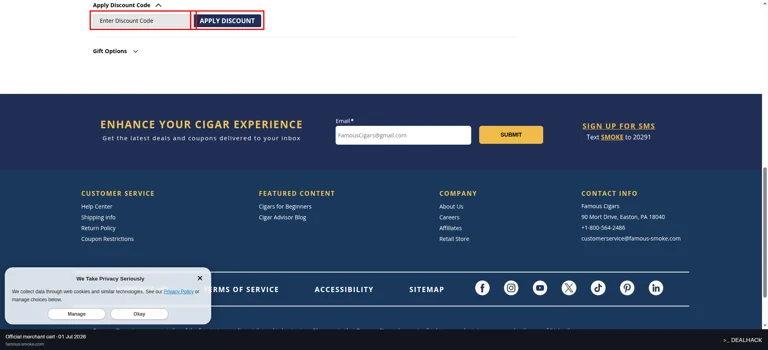Famous Smoke Shop checkout page showing the Enter discount code field and Apply Discount button