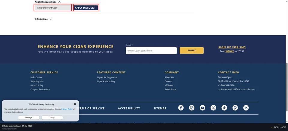 Famous Smoke Shop checkout page showing the Enter discount code field and Apply Discount button