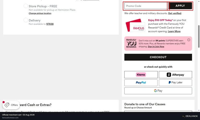 Famous Footwear checkout page showing the Promo Code field and APPLY button