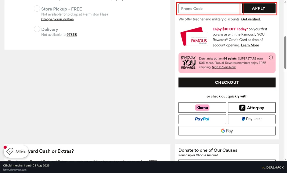 Famous Footwear checkout page showing the Promo Code field and APPLY button