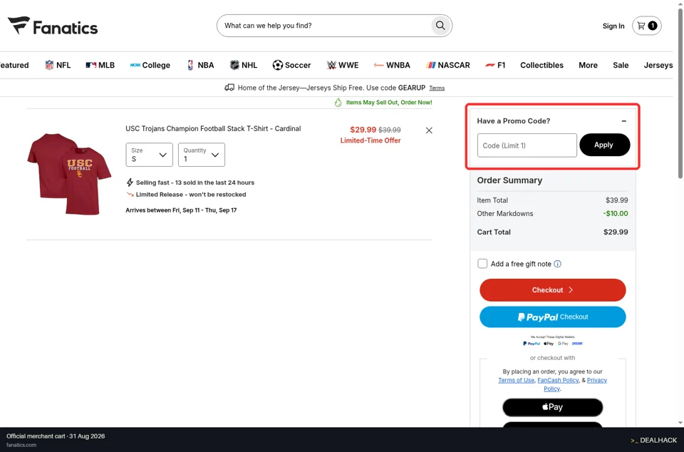 Fanatics checkout page showing the Code (Limit 1) field and Apply button