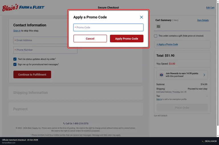 Blain's Farm & Fleet checkout page showing the Promo Code field and Apply Promo Code button