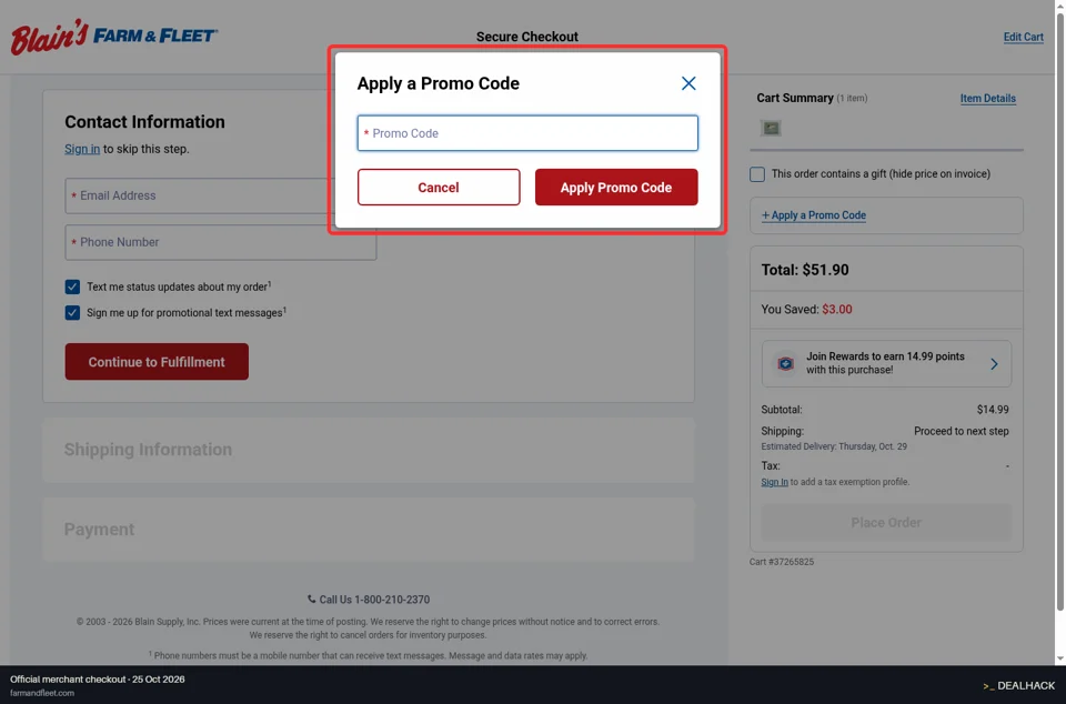 Blain's Farm & Fleet checkout page showing the Promo Code field and Apply Promo Code button