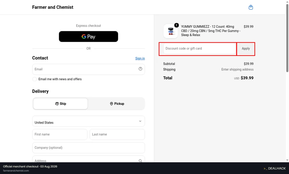 Farmer & Chemist checkout page showing the Discount code or gift card field and Apply button