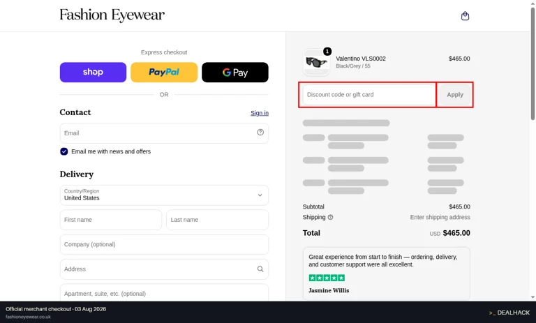 Fashion Eyewear checkout page showing the Discount code or gift card field and Apply button