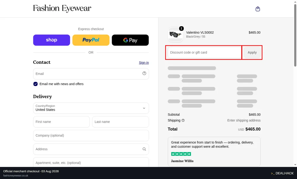 Fashion Eyewear checkout page showing the Discount code or gift card field and Apply button