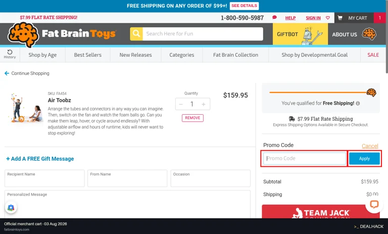 Fat Brain Toys checkout page showing the Promo Code field and Apply button