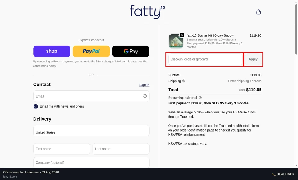 Fatty15 checkout page showing the Discount code or gift card field and Apply button