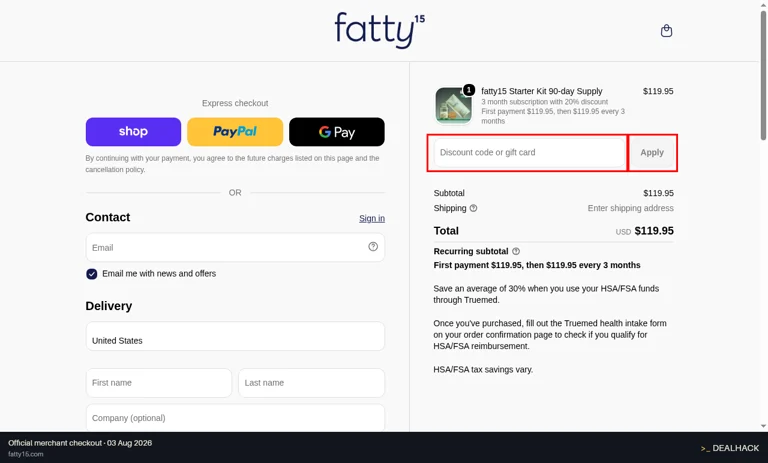 Fatty15 checkout page showing the Discount code or gift card field and Apply button