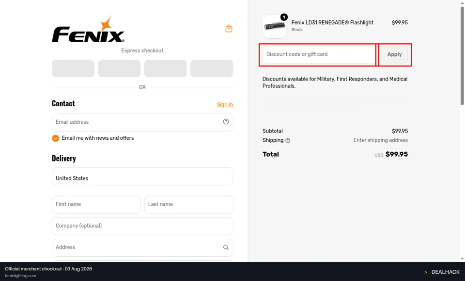 Fenix checkout page showing the Discount code or gift card field and Apply button