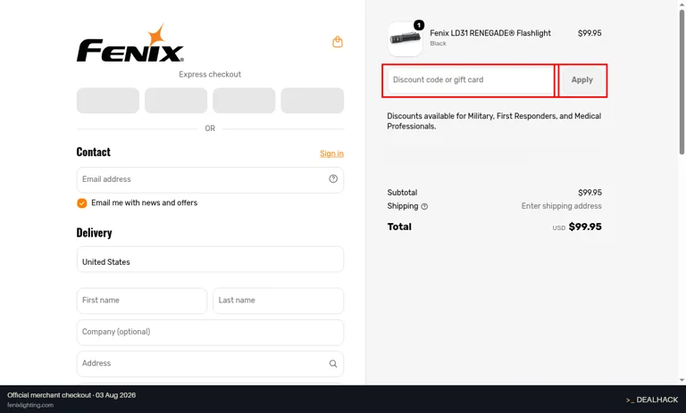 Fenix checkout page showing the Discount code or gift card field and Apply button