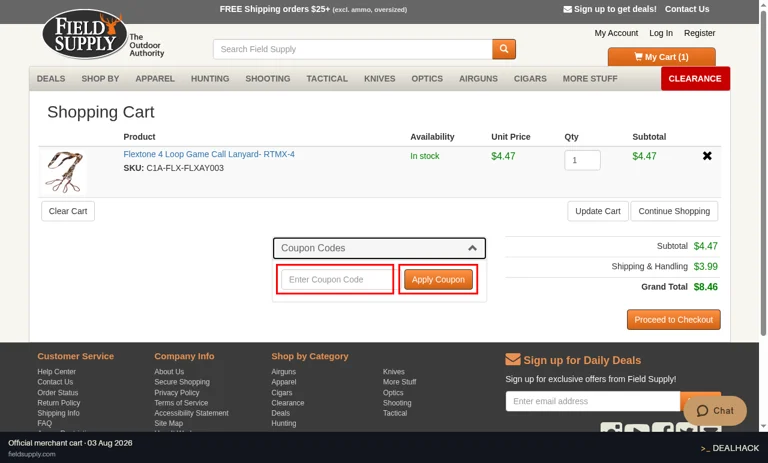 Field Supply checkout page showing the Enter Coupon Code field and Apply Coupon button