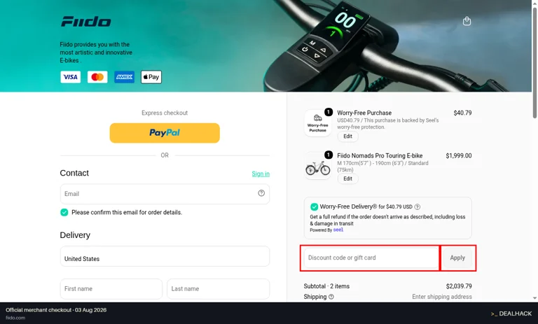 Fiido checkout page showing the Discount code or gift card field and Apply button