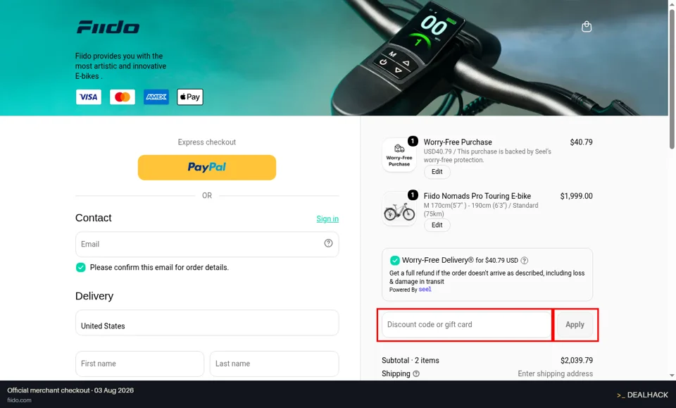 Fiido checkout page showing the Discount code or gift card field and Apply button