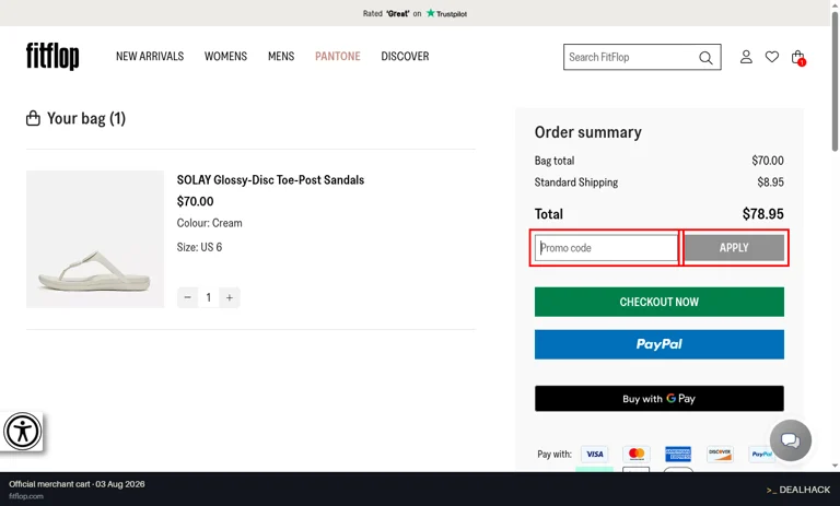 FitFlop checkout page showing the Promo code field and APPLY button
