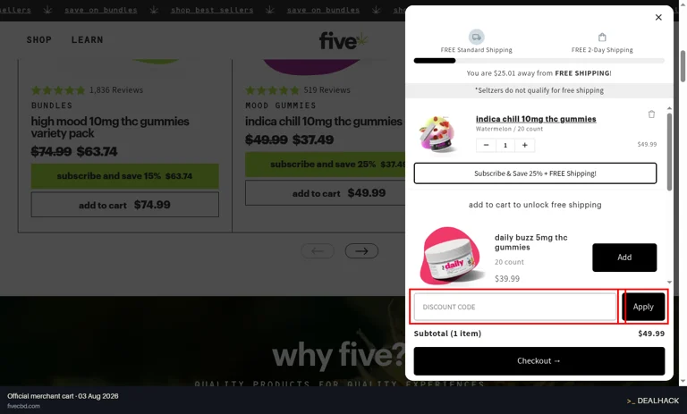 Five CBD checkout page showing the Discount Code field and Apply button