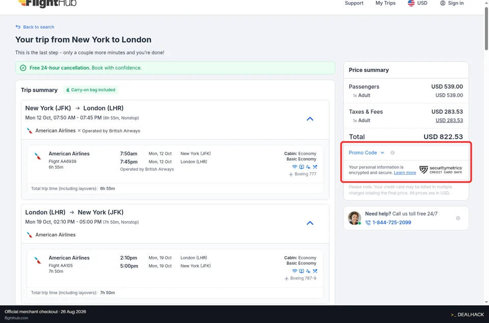 FlightHub checkout page showing the Enter promo code field and Apply button