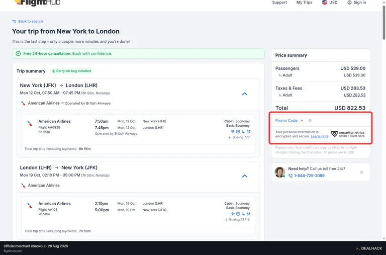 FlightHub checkout page showing the Enter promo code field and Apply button