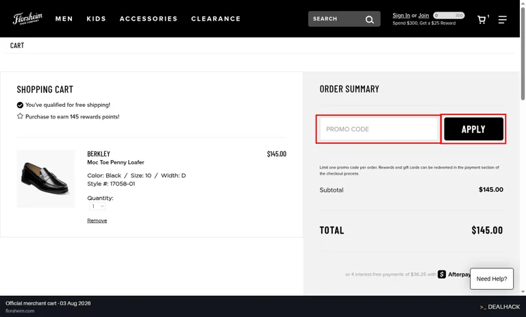 Florsheim checkout page showing the PROMO CODE field and APPLY button