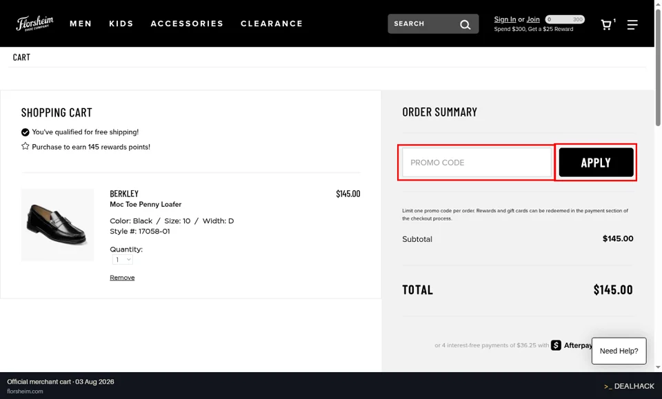 Florsheim checkout page showing the PROMO CODE field and APPLY button