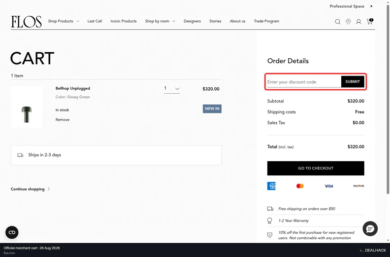 FLOS checkout page showing the Enter your discount code field and Submit button