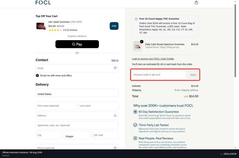 FOCL checkout page showing the Discount code or gift card field and Apply button