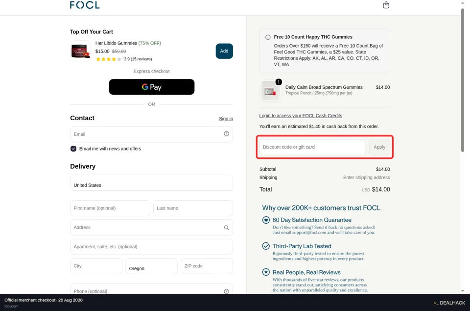 FOCL checkout page showing the Discount code or gift card field and Apply button