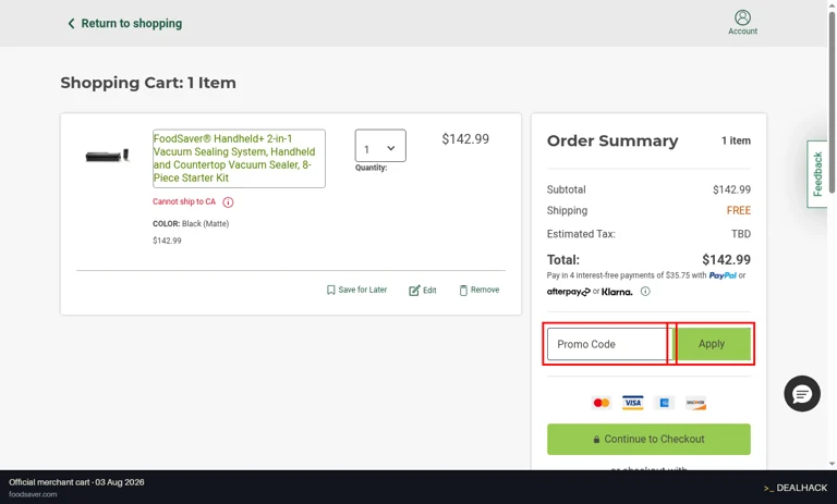 FoodSaver checkout page showing the Promo Code field and Apply button