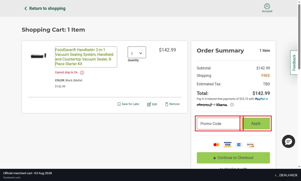 FoodSaver checkout page showing the Promo Code field and Apply button
