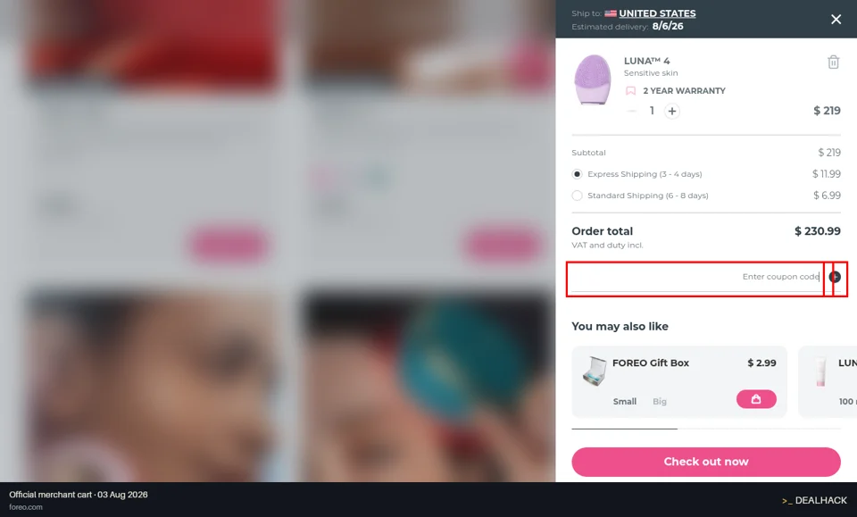 Foreo checkout page showing the Enter coupon code field and + button