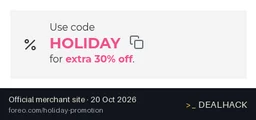 Screenshot of Foreo's website on Oct 20, 2026 showing the "Get Extra 30% Off Holiday Bundles" offer